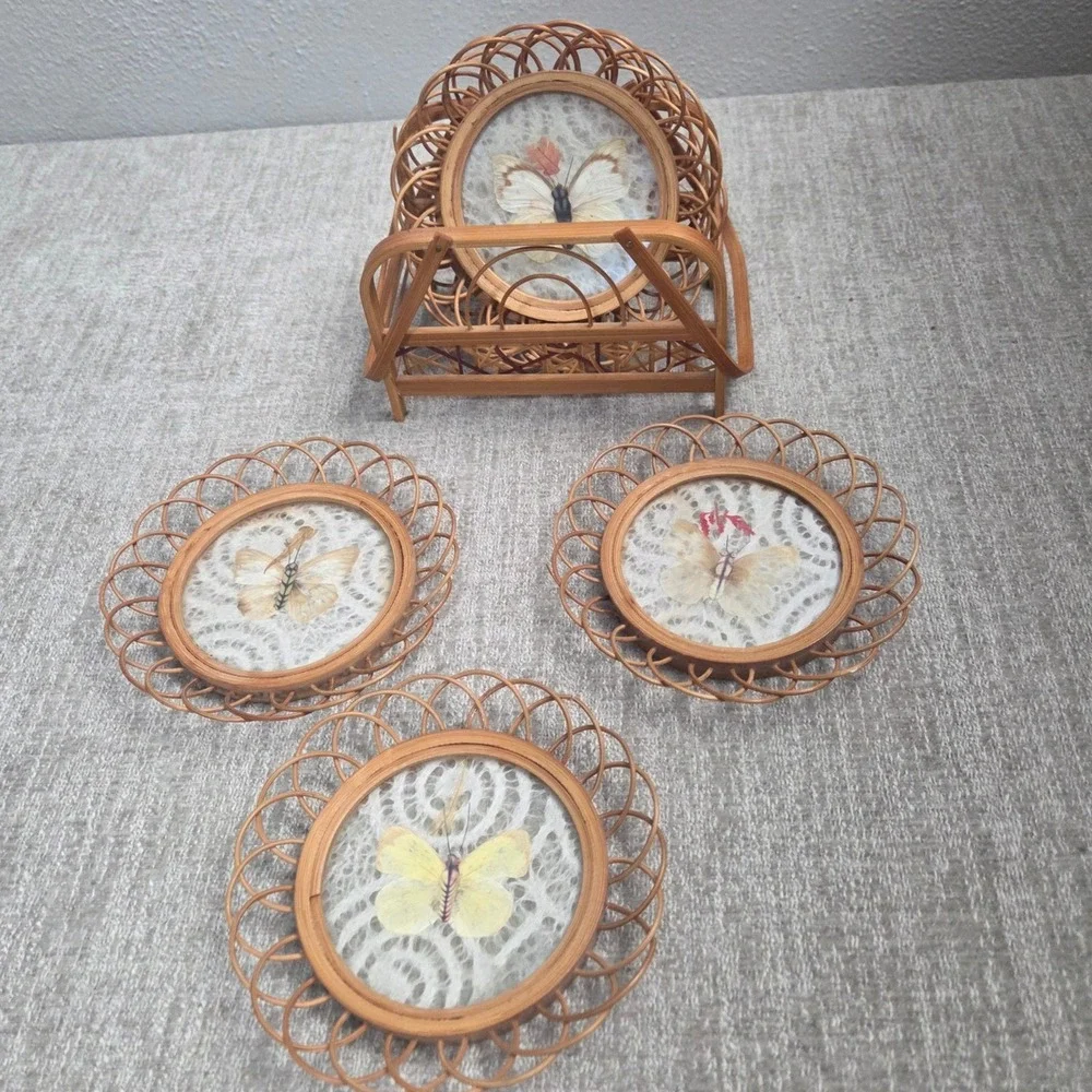 Vintage Bamboo Wicker Drink Coasters Set Pressed Butterfly Glass Caddy Boho 7pc